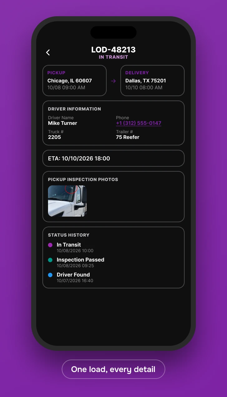Load detail screen with pickup and delivery, driver, ETA, inspection photo and status history