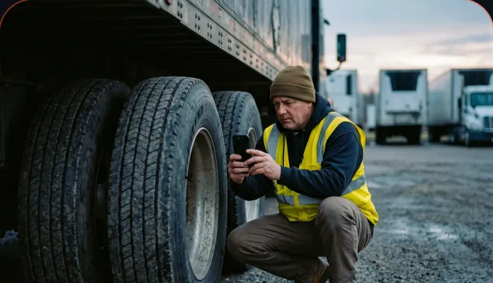 A driver in a yellow vest crouching by a trailer wheel, photographing a worn tire with a phone
