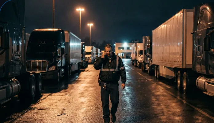 A driver walking across a truck yard at night, talking on the phone