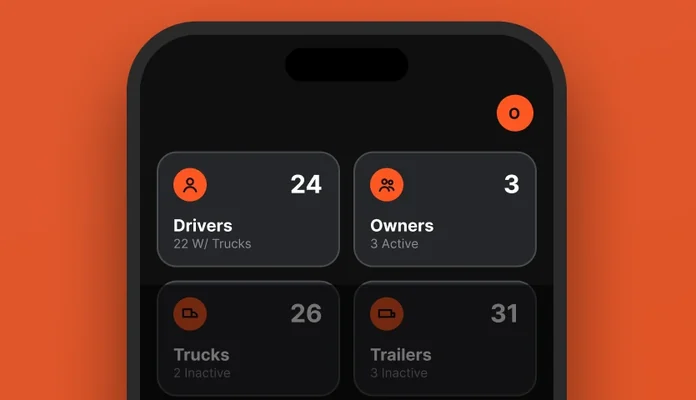Fleet screen of the app: 24 drivers, 3 owners, 26 trucks, 31 trailers